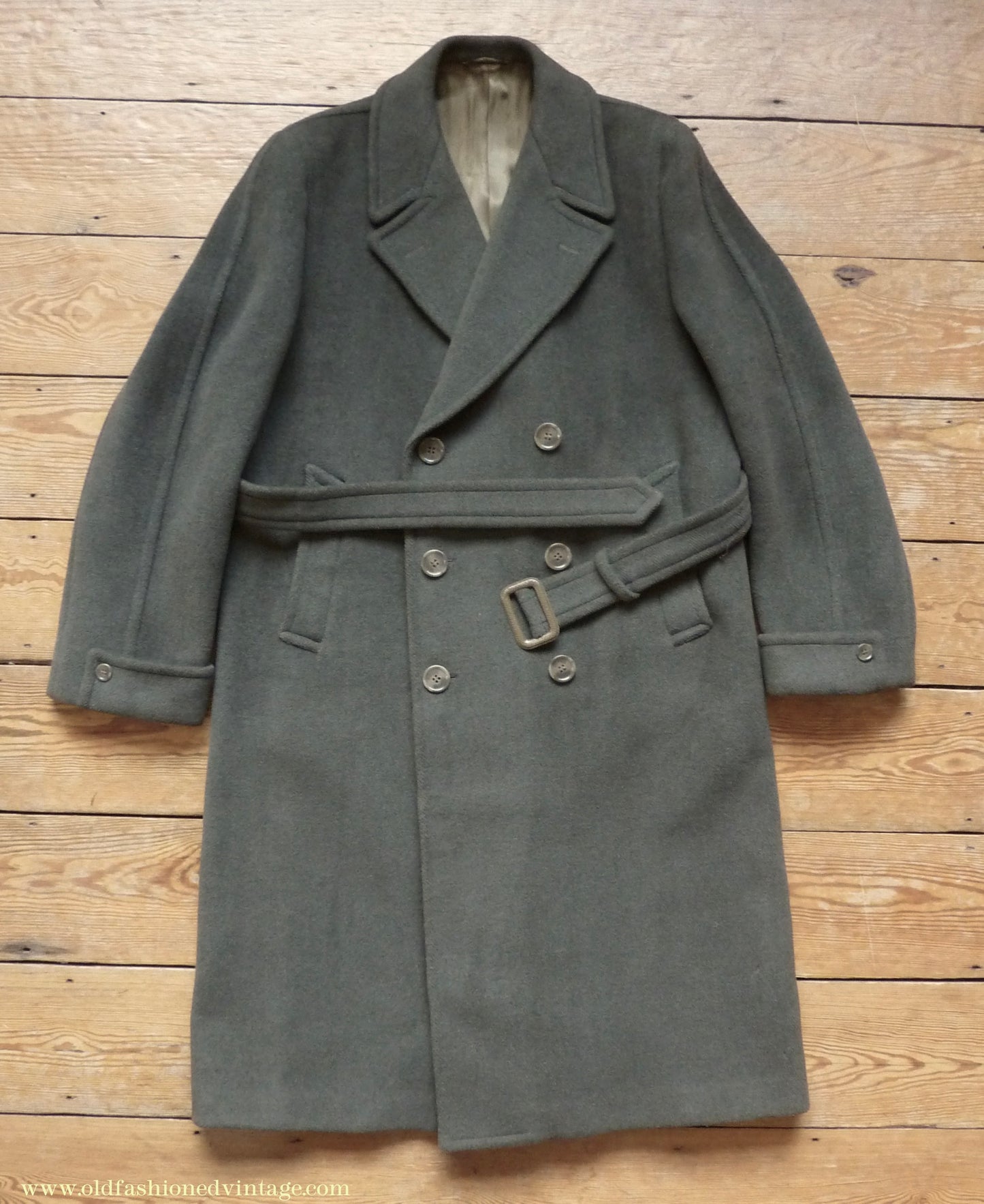 Vintage 1950s Mens Burtons Double Breasted Overcoat Coat Brownish Olive Green Herringbone Wool DB Belted 40"/42"