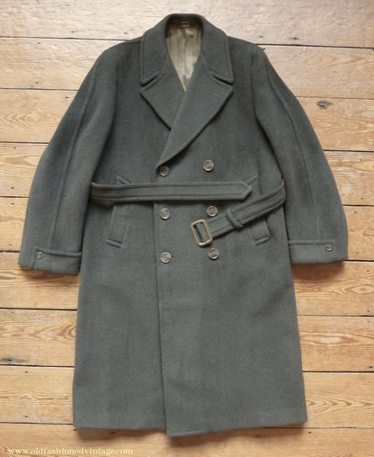 Vintage 1950s Mens Burtons Double Breasted Overcoat Coat Brownish Olive Green Herringbone Wool DB Belted 40"/42"