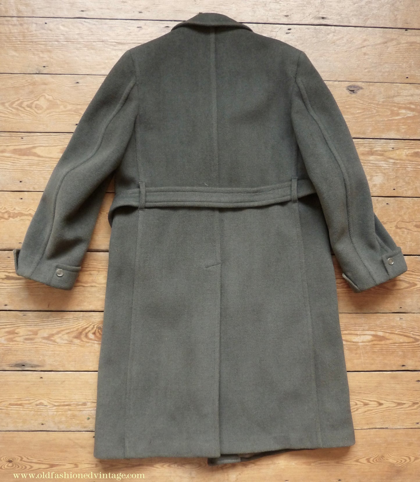 Vintage 1950s Mens Burtons Double Breasted Overcoat Coat Brownish Olive Green Herringbone Wool DB Belted 40"/42"