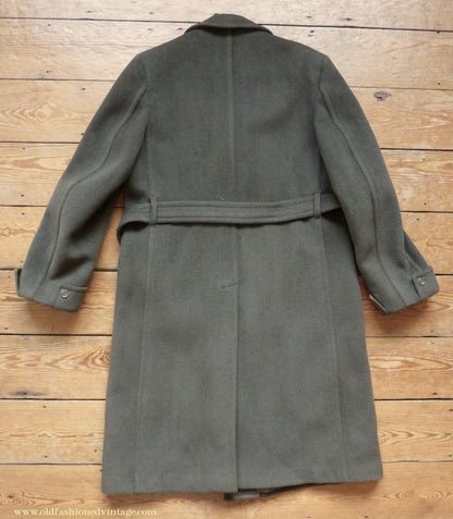 Vintage 1950s Mens Burtons Double Breasted Overcoat Coat Brownish Olive Green Herringbone Wool DB Belted 40"/42"