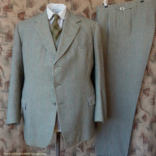 Vintage Mens 1950s Bespoke Tweed 3 Piece Suit Green Fawn Grey Houndstooth Wool Orange Windowpane 44"