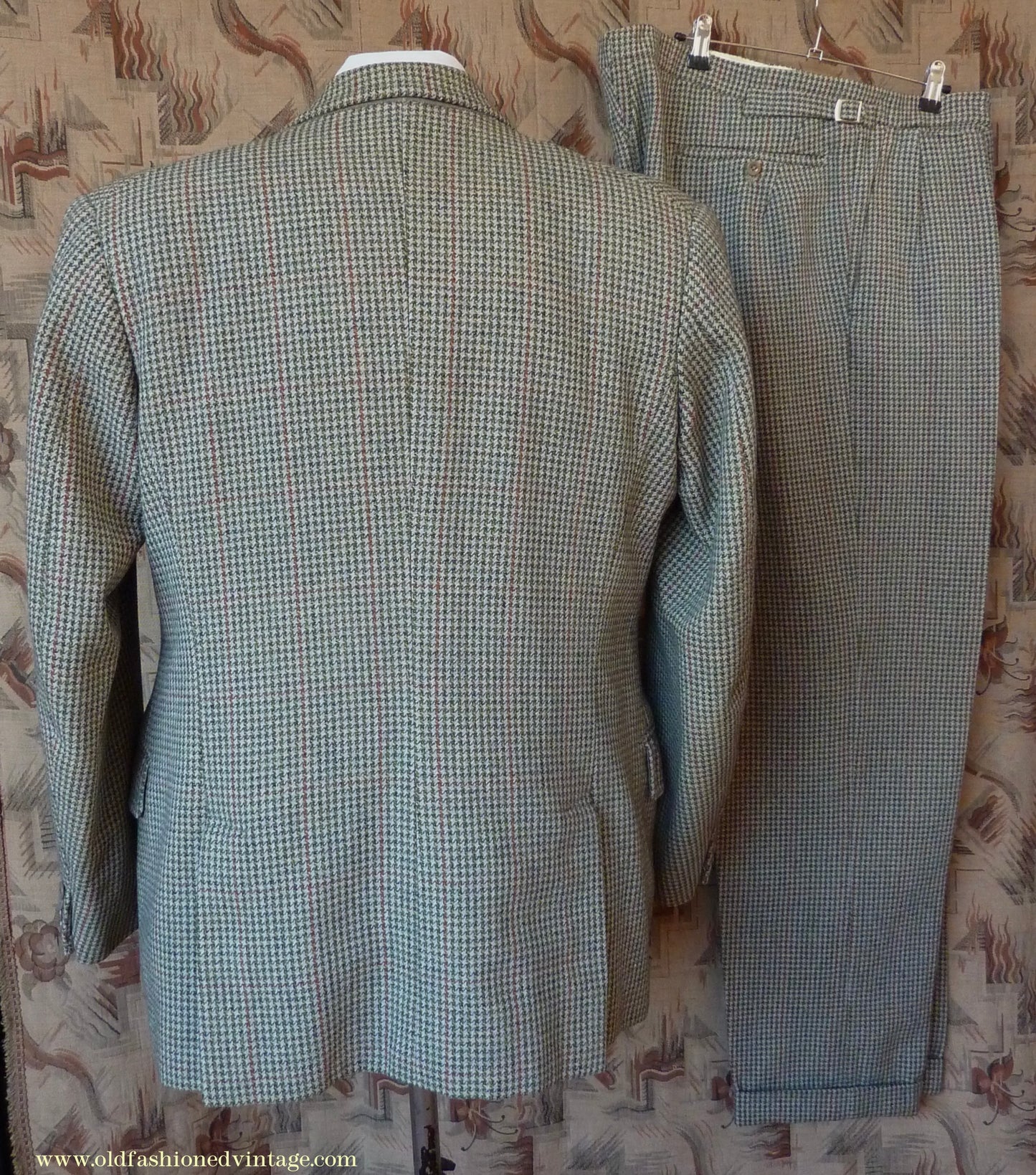 Vintage Mens 1950s Bespoke Tweed 3 Piece Suit Green Fawn Grey Houndstooth Wool Orange Windowpane 44"