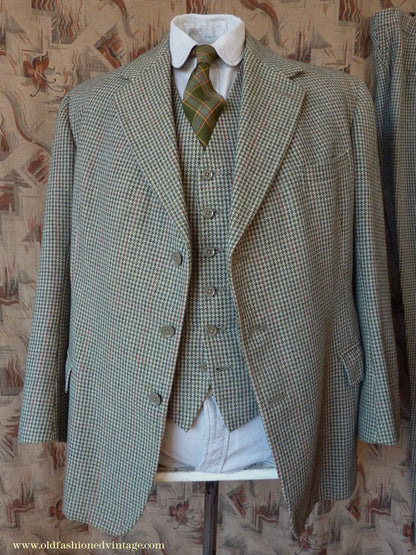 Vintage Mens 1950s Bespoke Tweed 3 Piece Suit Green Fawn Grey Houndstooth Wool Orange Windowpane 44"