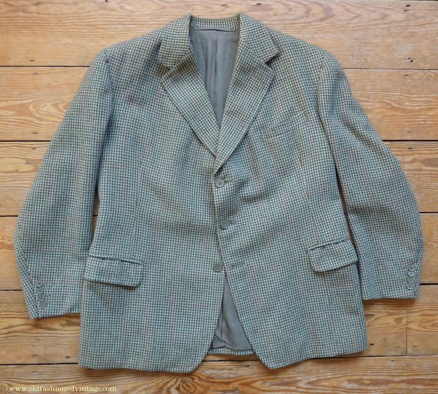 Vintage Mens 1950s Bespoke Tweed 3 Piece Suit Green Fawn Grey Houndstooth Wool Orange Windowpane 44"