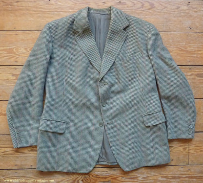 Vintage Mens 1950s Bespoke Tweed 3 Piece Suit Green Fawn Grey Houndstooth Wool Orange Windowpane 44"
