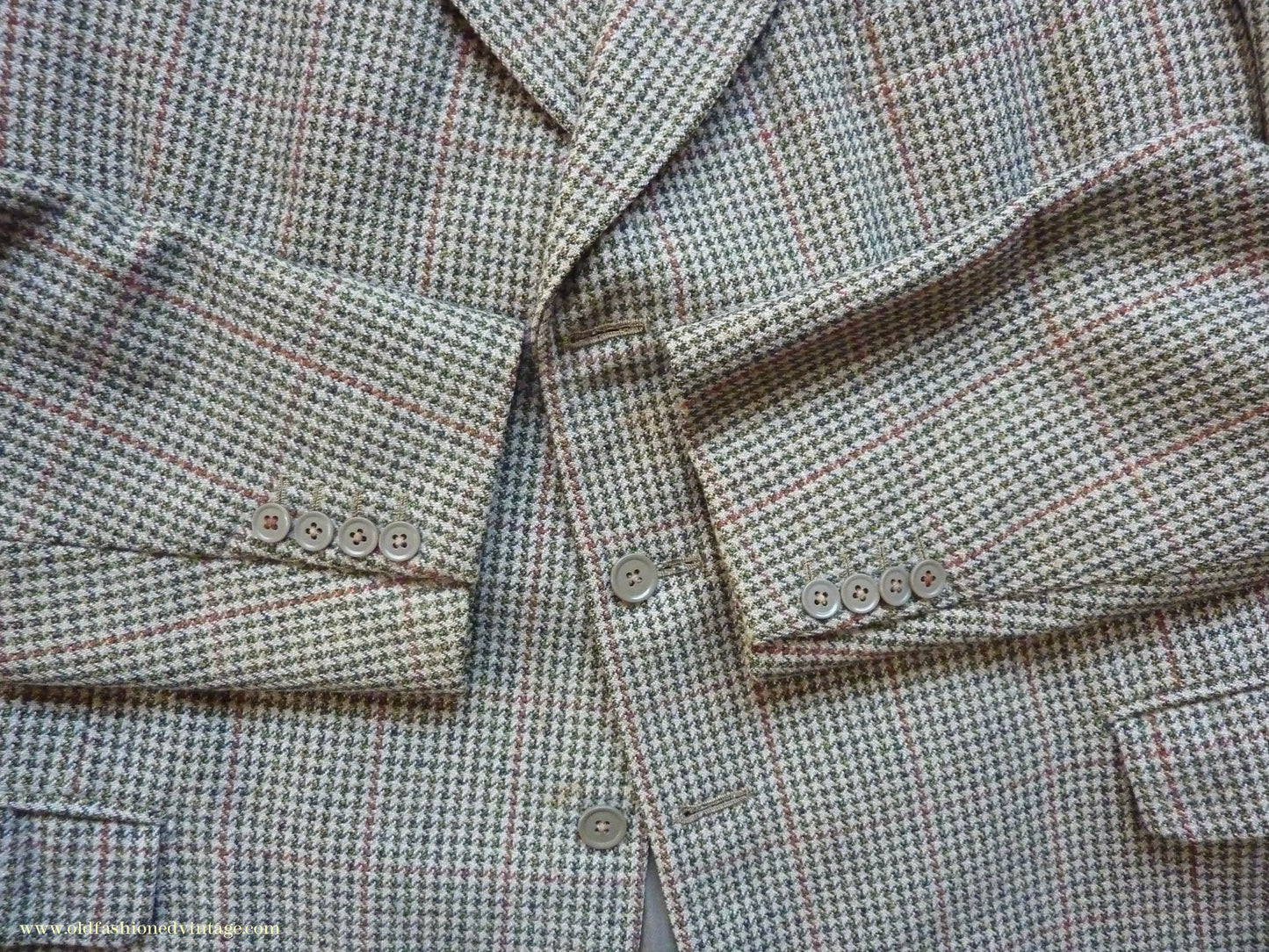 Vintage Mens 1950s Bespoke Tweed 3 Piece Suit Green Fawn Grey Houndstooth Wool Orange Windowpane 44"