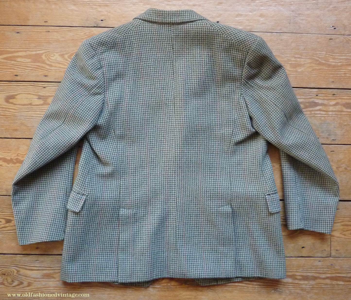 Vintage Mens 1950s Bespoke Tweed 3 Piece Suit Green Fawn Grey Houndstooth Wool Orange Windowpane 44"