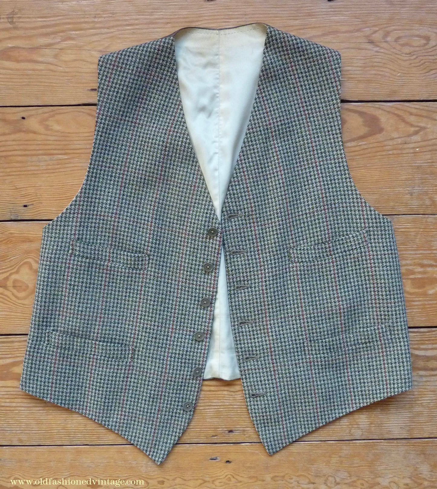 Vintage Mens 1950s Bespoke Tweed 3 Piece Suit Green Fawn Grey Houndstooth Wool Orange Windowpane 44"