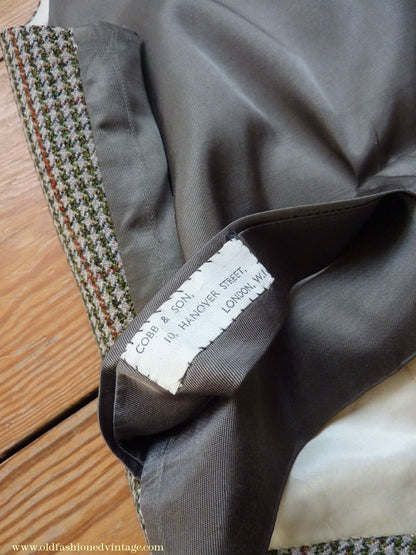 Vintage Mens 1950s Bespoke Tweed 3 Piece Suit Green Fawn Grey Houndstooth Wool Orange Windowpane 44"