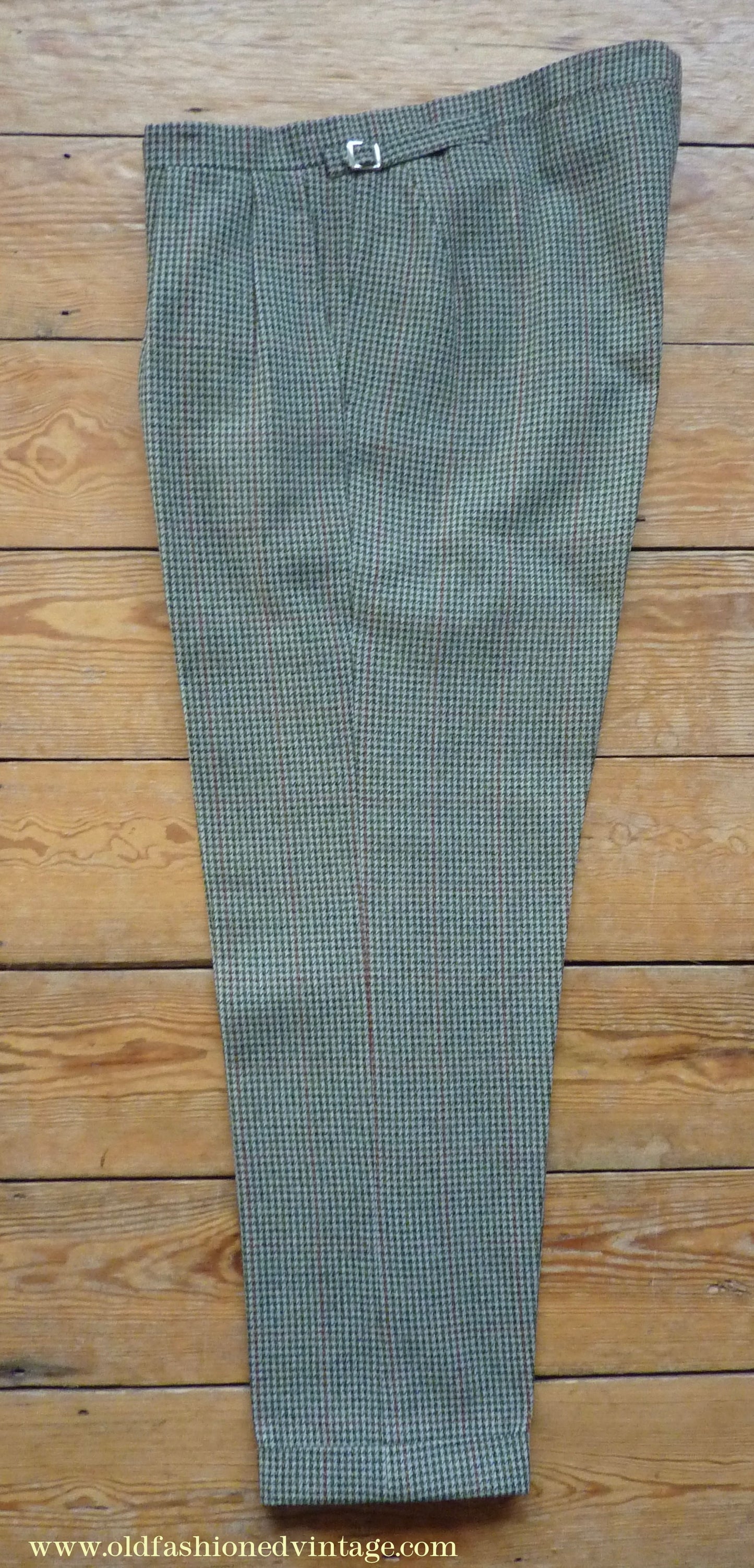 Vintage Mens 1950s Bespoke Tweed 3 Piece Suit Green Fawn Grey Houndstooth Wool Orange Windowpane 44"