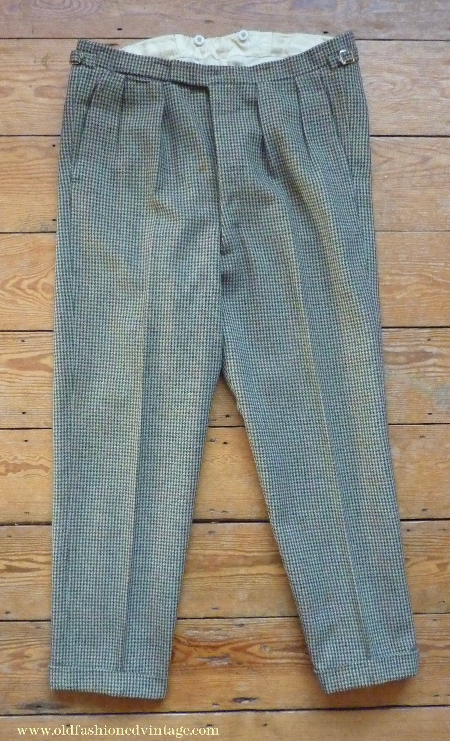 Vintage Mens 1950s Bespoke Tweed 3 Piece Suit Green Fawn Grey Houndstooth Wool Orange Windowpane 44"
