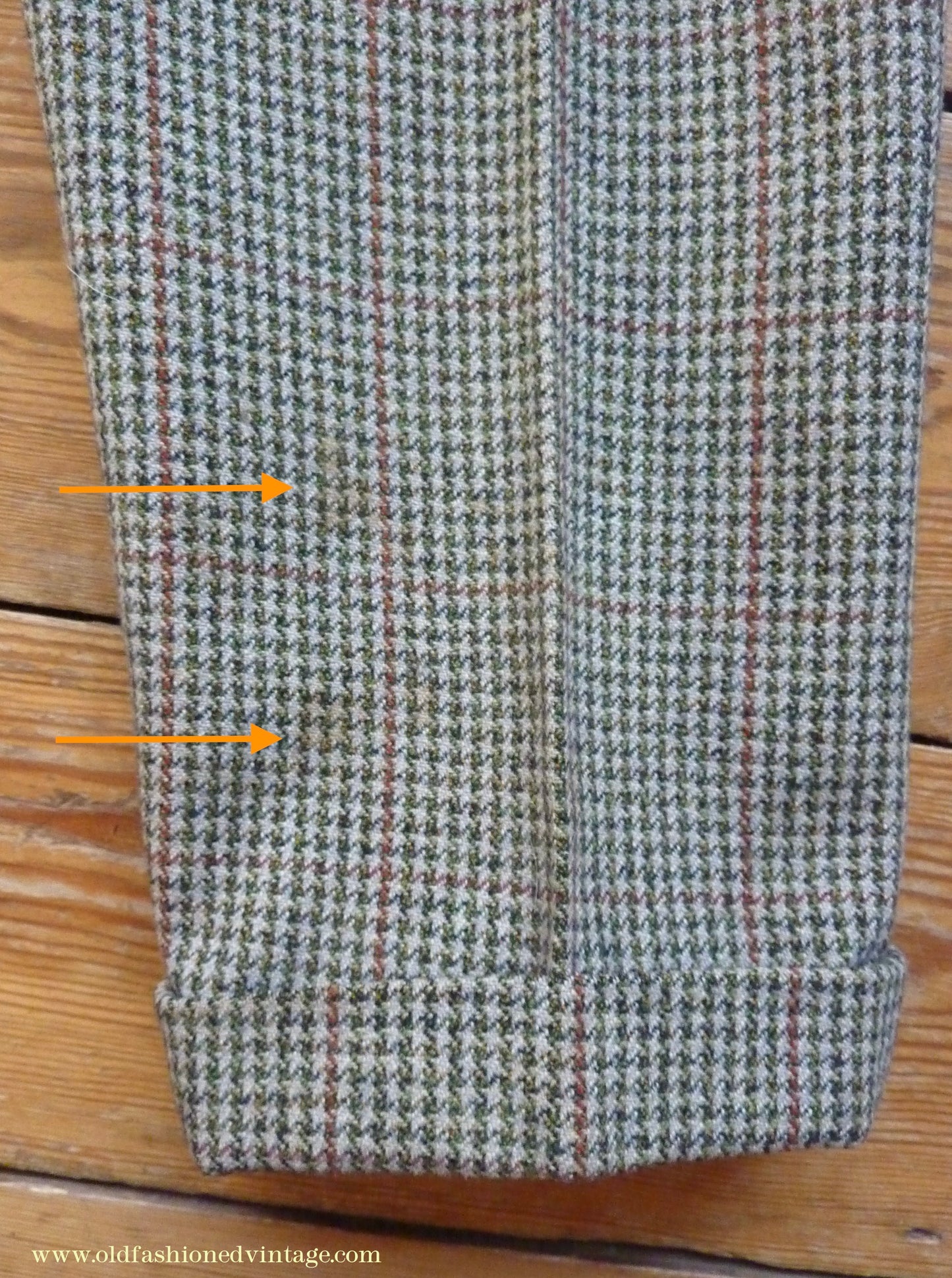 Vintage Mens 1950s Bespoke Tweed 3 Piece Suit Green Fawn Grey Houndstooth Wool Orange Windowpane 44"