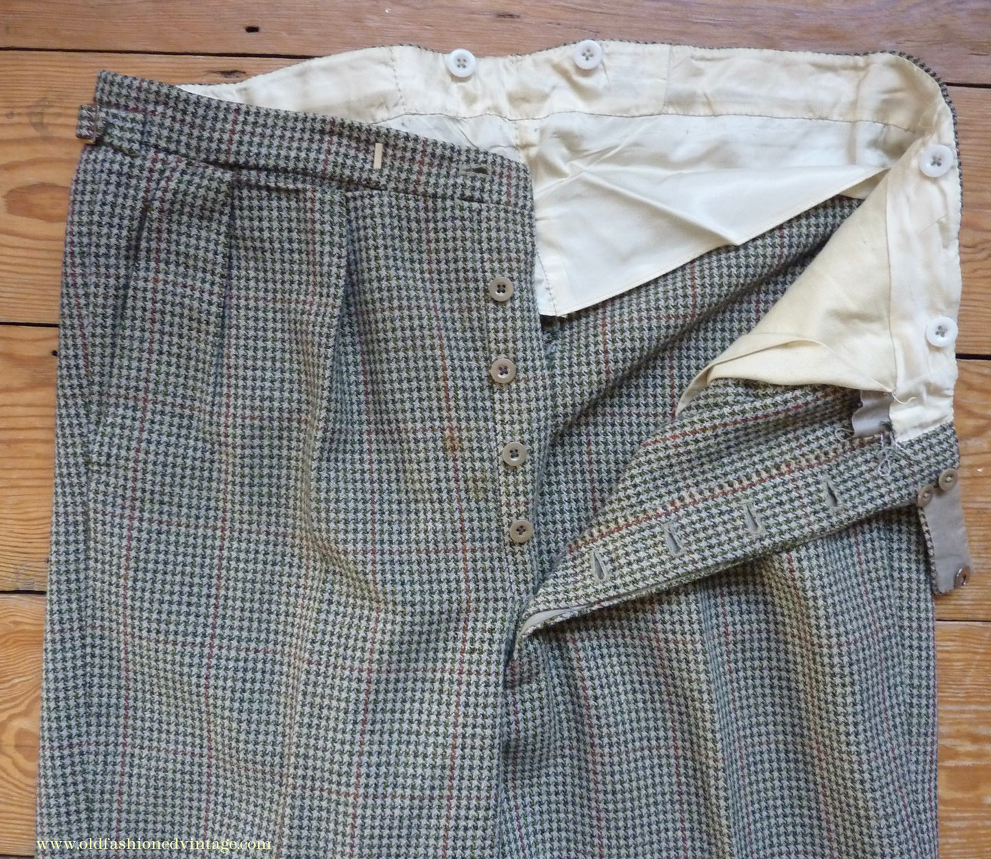 Vintage Mens 1950s Bespoke Tweed 3 Piece Suit Green Fawn Grey Houndstooth Wool Orange Windowpane 44"