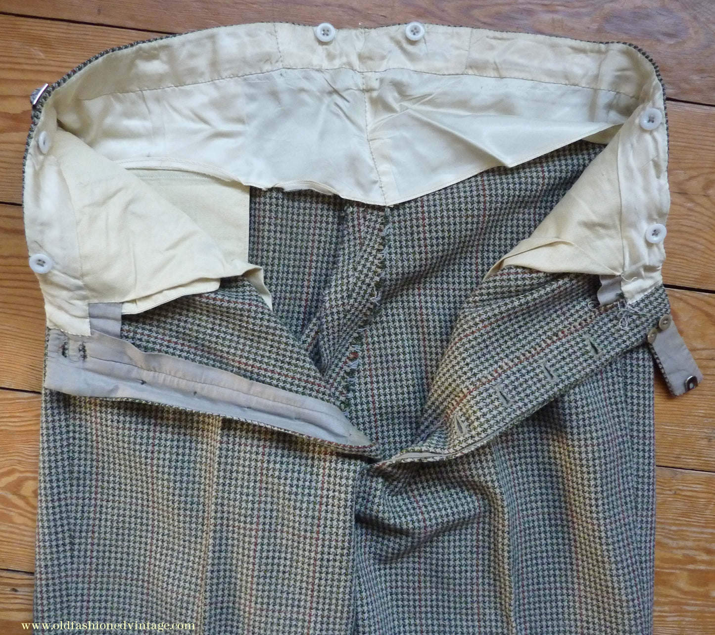 Vintage Mens 1950s Bespoke Tweed 3 Piece Suit Green Fawn Grey Houndstooth Wool Orange Windowpane 44"