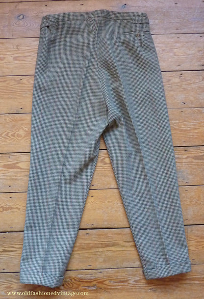 Vintage Mens 1950s Bespoke Tweed 3 Piece Suit Green Fawn Grey Houndstooth Wool Orange Windowpane 44"