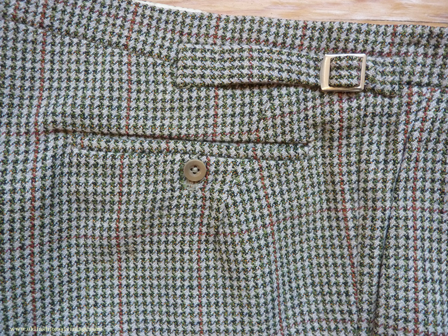 Vintage Mens 1950s Bespoke Tweed 3 Piece Suit Green Fawn Grey Houndstooth Wool Orange Windowpane 44"