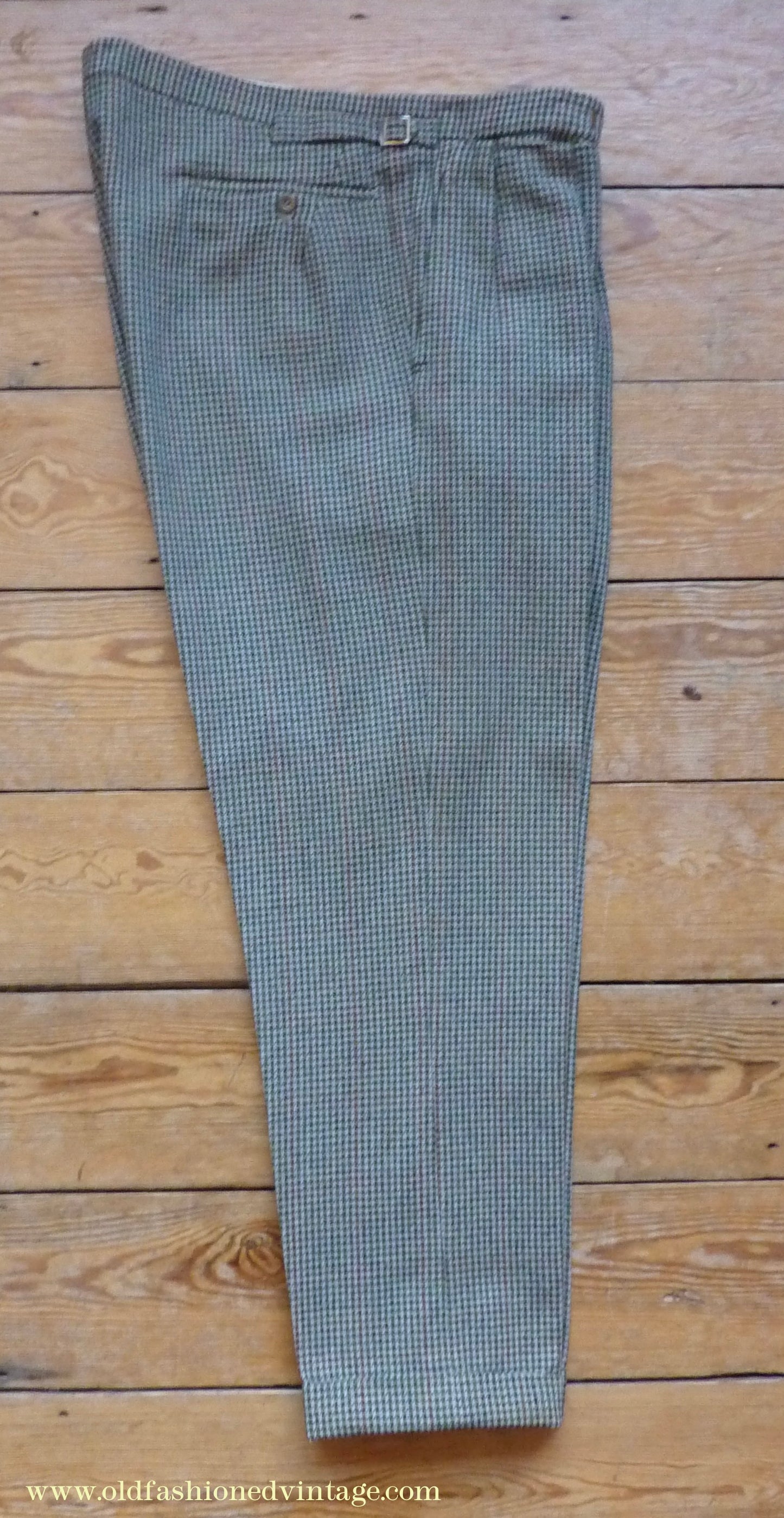 Vintage Mens 1950s Bespoke Tweed 3 Piece Suit Green Fawn Grey Houndstooth Wool Orange Windowpane 44"