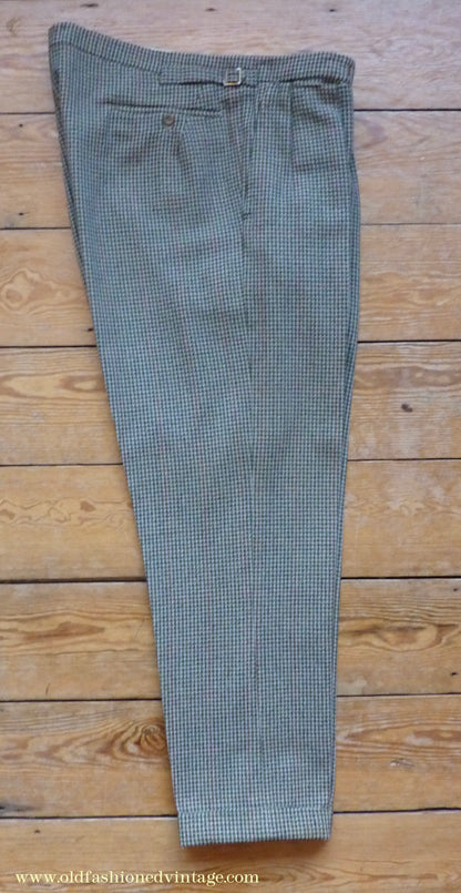 Vintage Mens 1950s Bespoke Tweed 3 Piece Suit Green Fawn Grey Houndstooth Wool Orange Windowpane 44"
