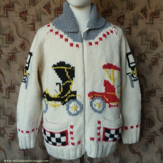 Vintage Mens 1960s Mary Maxim Antique Autos Classic Cars Zip Up Cardigan Sweater Shawl Collar Knit Knitted Wool Jacket Raglan L/XL