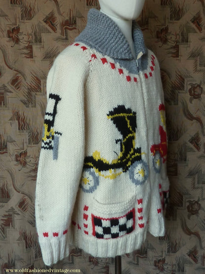 Vintage Mens 1960s Mary Maxim Antique Autos Classic Cars Zip Up Cardigan Sweater Shawl Collar Knit Knitted Wool Jacket Raglan L/XL