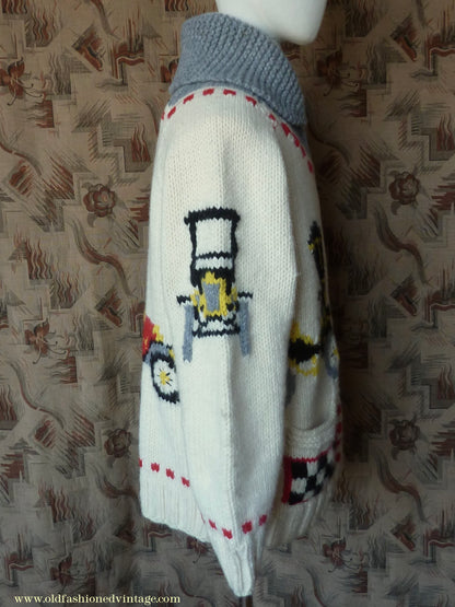 Vintage Mens 1960s Mary Maxim Antique Autos Classic Cars Zip Up Cardigan Sweater Shawl Collar Knit Knitted Wool Jacket Raglan L/XL