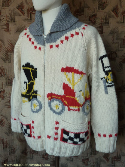 Vintage Mens 1960s Mary Maxim Antique Autos Classic Cars Zip Up Cardigan Sweater Shawl Collar Knit Knitted Wool Jacket Raglan L/XL