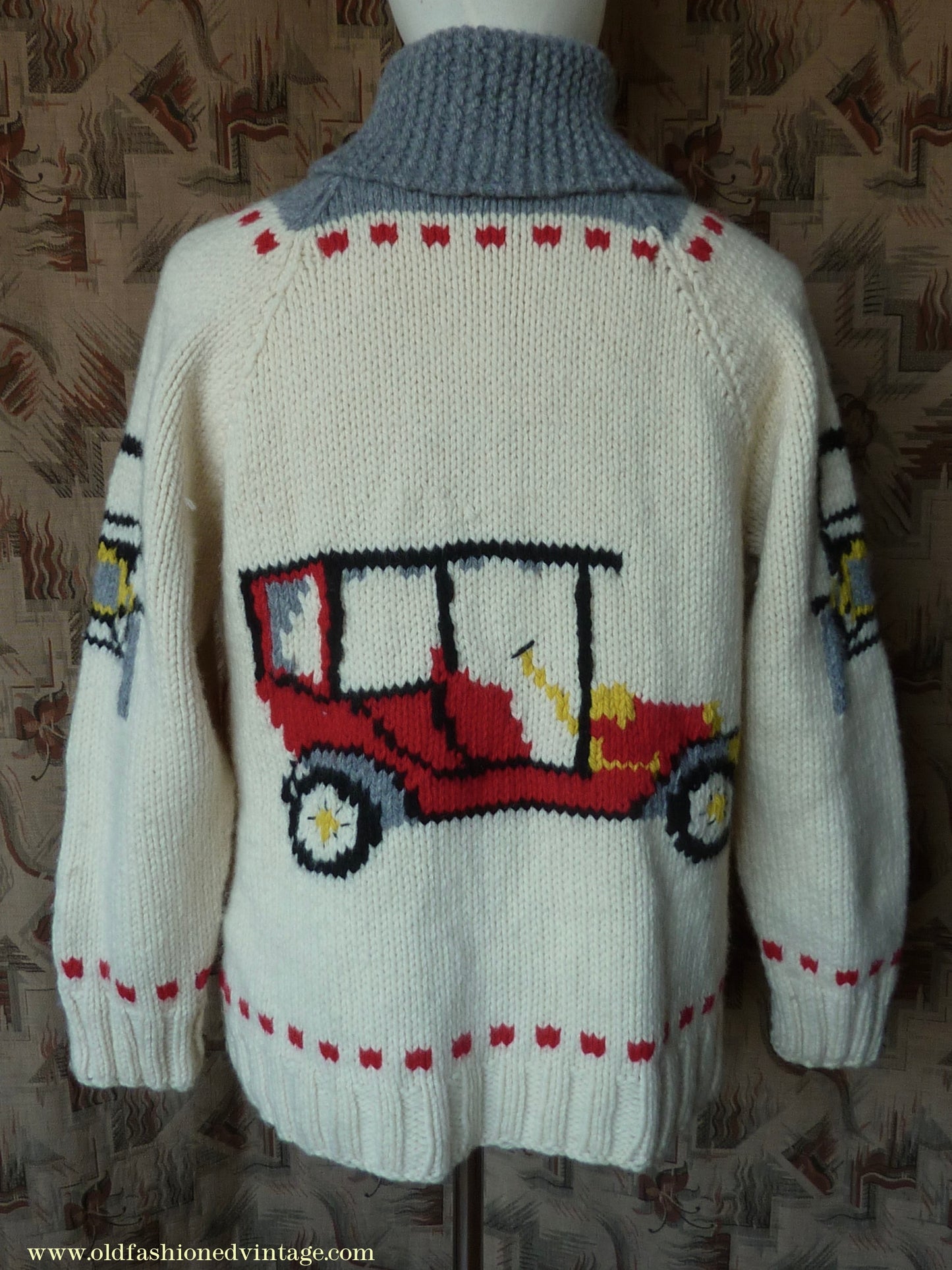 Vintage Mens 1960s Mary Maxim Antique Autos Classic Cars Zip Up Cardigan Sweater Shawl Collar Knit Knitted Wool Jacket Raglan L/XL