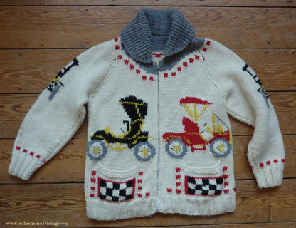 Vintage Mens 1960s Mary Maxim Antique Autos Classic Cars Zip Up Cardigan Sweater Shawl Collar Knit Knitted Wool Jacket Raglan L/XL