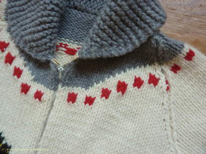Vintage Mens 1960s Mary Maxim Antique Autos Classic Cars Zip Up Cardigan Sweater Shawl Collar Knit Knitted Wool Jacket Raglan L/XL