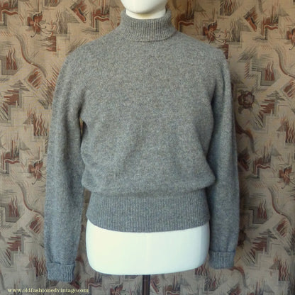 Old Fashioned Garments Vintage Reproduction 1940s Mens Polo Neck Jumper Stone Grey Brown Melange Roll Turtle Sweater M/L
