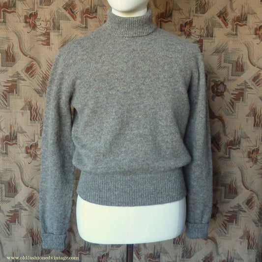 Old Fashioned Garments Vintage Reproduction 1940s Mens Polo Neck Jumper Stone Grey Brown Melange Roll Turtle Sweater M/L