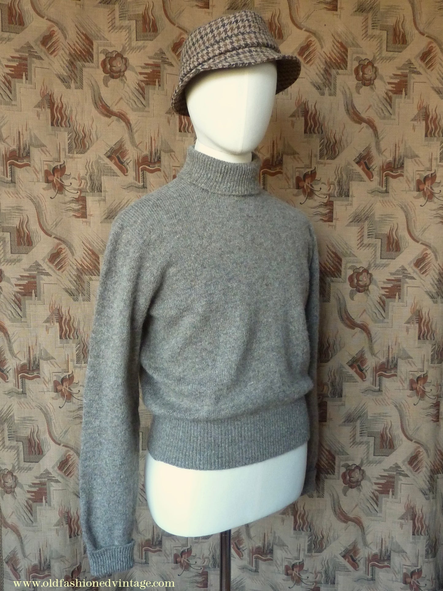 Old Fashioned Garments Vintage Reproduction 1940s Mens Polo Neck Jumper Stone Grey Brown Melange Roll Turtle Sweater M/L