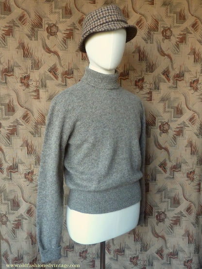 Old Fashioned Garments Vintage Reproduction 1940s Mens Polo Neck Jumper Stone Grey Brown Melange Roll Turtle Sweater M/L