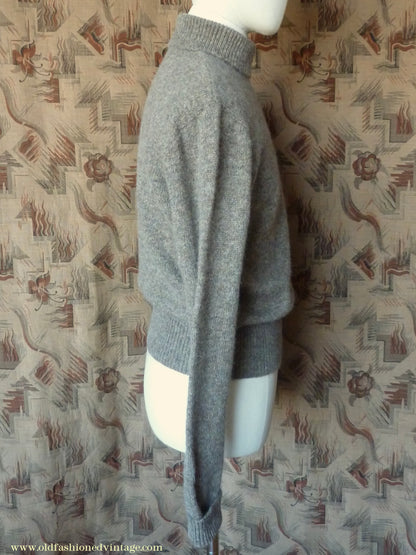 Old Fashioned Garments Vintage Reproduction 1940s Mens Polo Neck Jumper Stone Grey Brown Melange Roll Turtle Sweater M/L