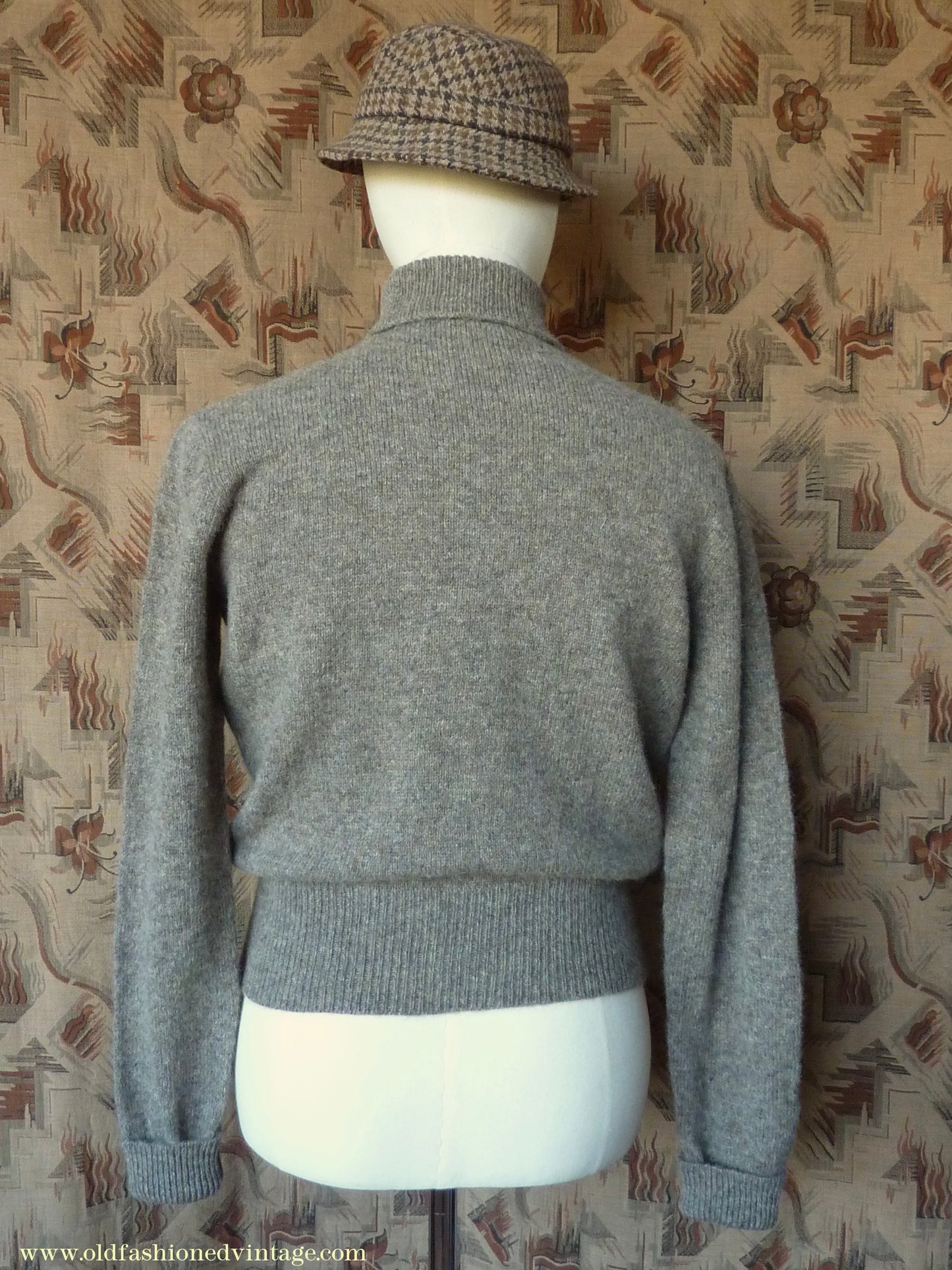 Old Fashioned Garments Vintage Reproduction 1940s Mens Polo Neck Jumper Stone Grey Brown Melange Roll Turtle Sweater M/L