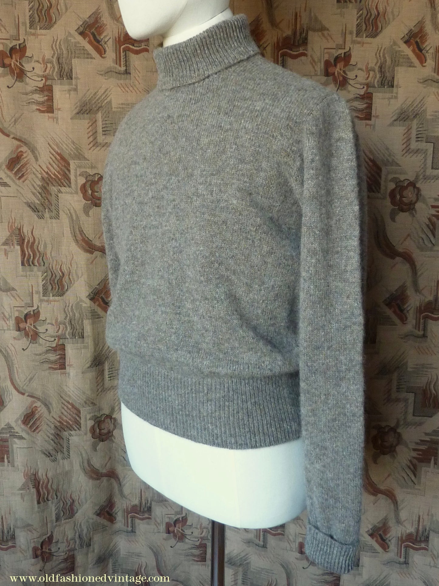 Old Fashioned Garments Vintage Reproduction 1940s Mens Polo Neck Jumper Stone Grey Brown Melange Roll Turtle Sweater M/L