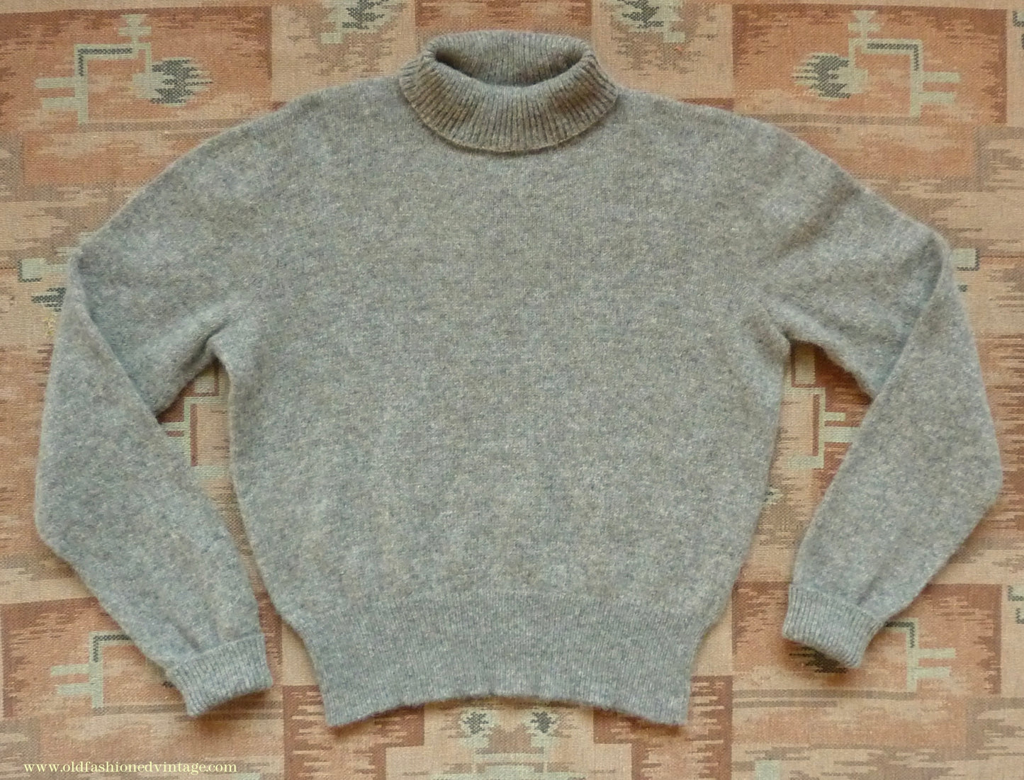 Old Fashioned Garments Vintage Reproduction 1940s Mens Polo Neck Jumper Stone Grey Brown Melange Roll Turtle Sweater M/L