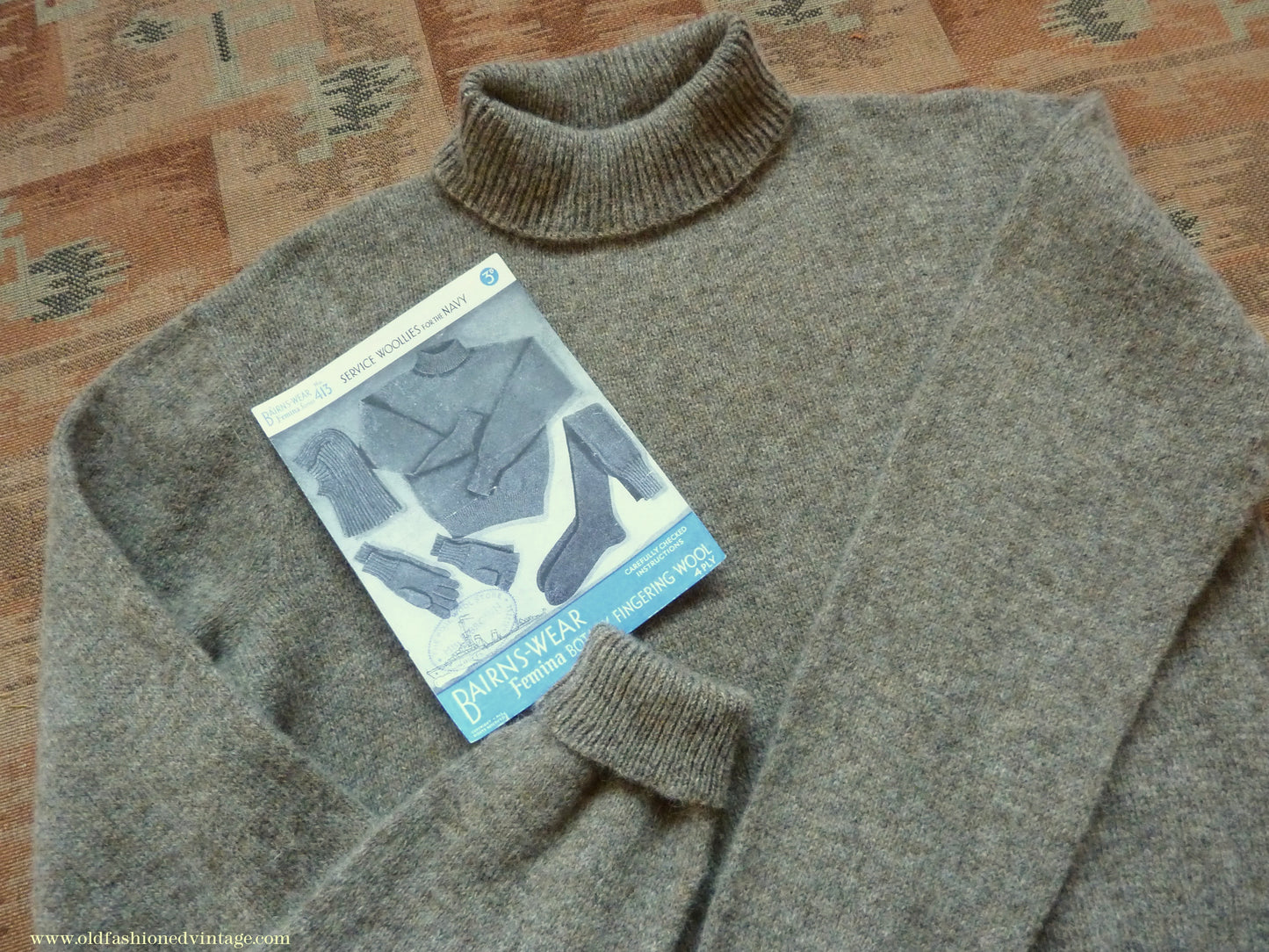 Old Fashioned Garments Vintage Reproduction 1940s Mens Polo Neck Jumper Stone Grey Brown Melange Roll Turtle Sweater M/L
