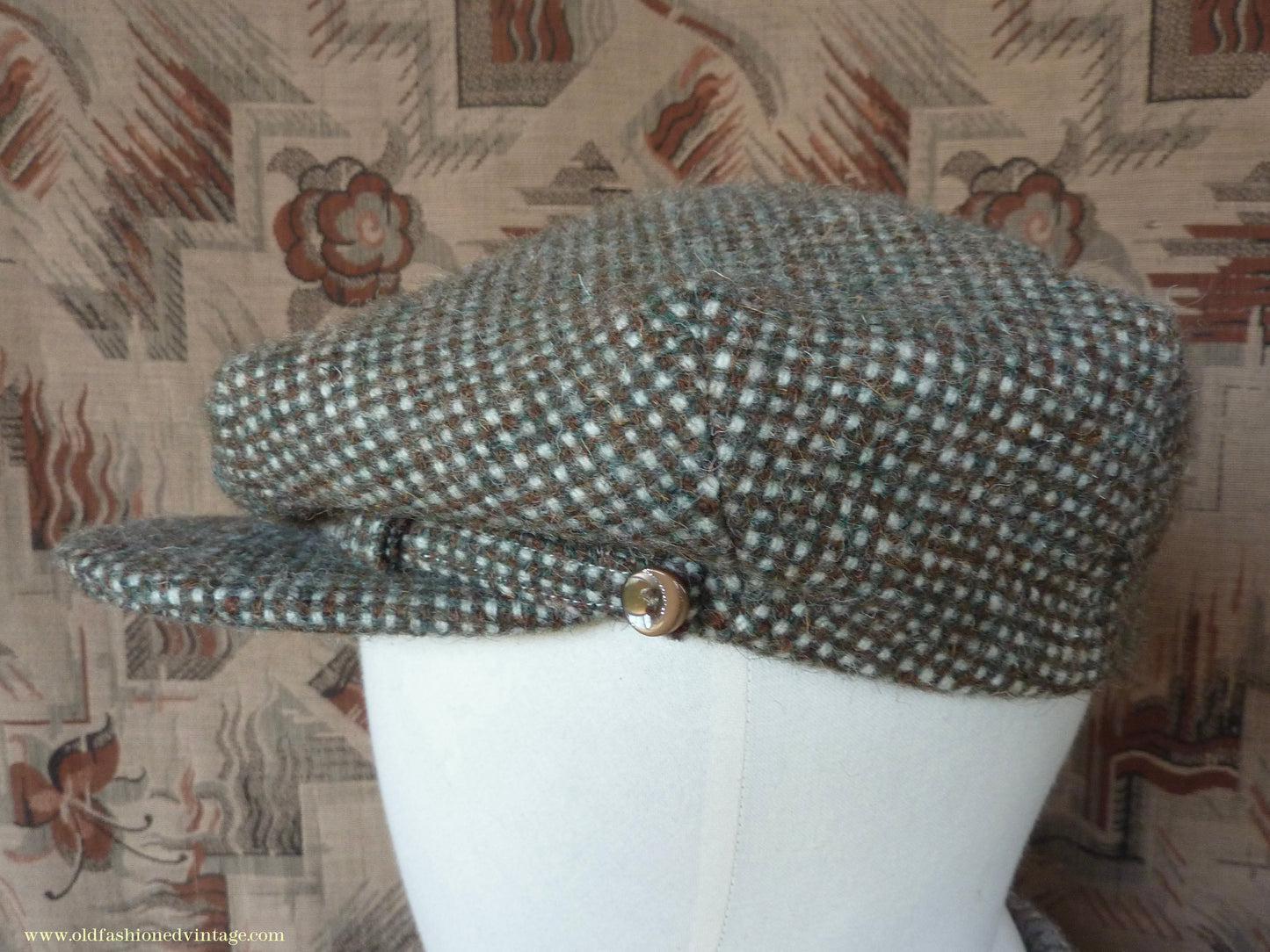 Vintage Mens Reproduction 1930s Style Retro Sport 8 Dart Flat Cap Green Brown Check Tweed 57cm