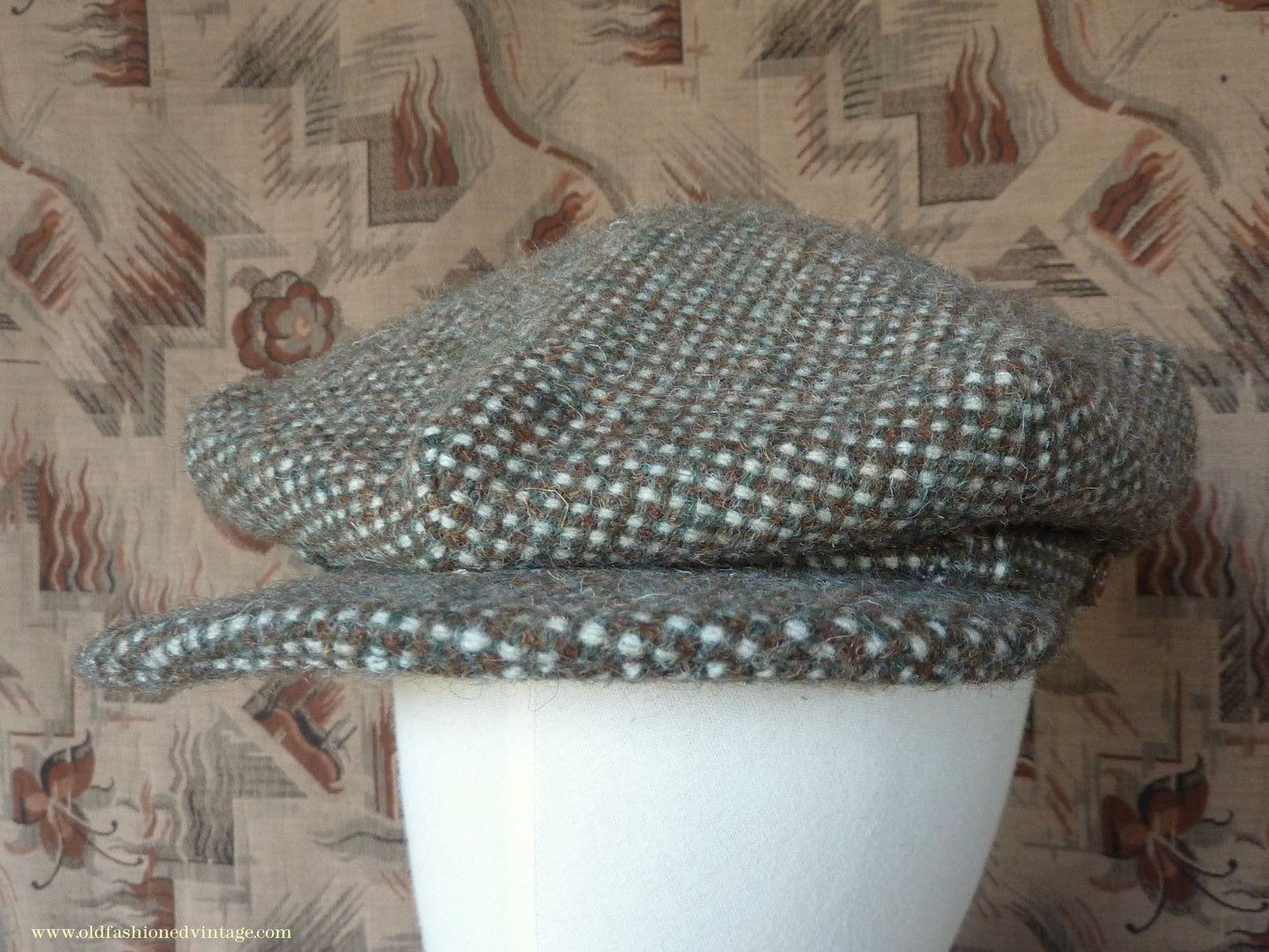 Vintage Mens Reproduction 1930s Style Retro Sport 8 Dart Flat Cap Green Brown Check Tweed 57cm