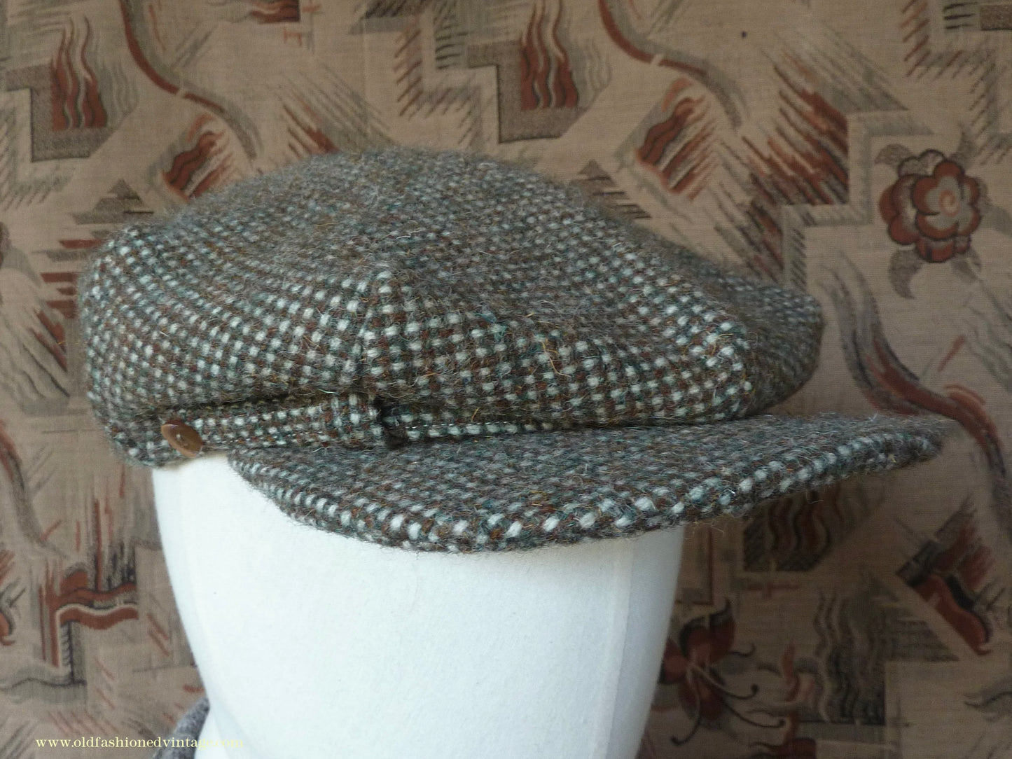 Vintage Mens Reproduction 1930s Style Retro Sport 8 Dart Flat Cap Green Brown Check Tweed 57cm