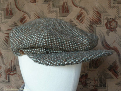 Vintage Mens Reproduction 1930s Style Retro Sport 8 Dart Flat Cap Green Brown Check Tweed 57cm