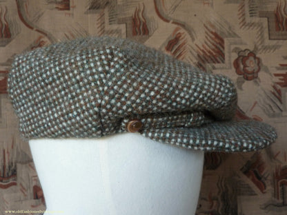 Vintage Mens Reproduction 1930s Style Retro Sport 8 Dart Flat Cap Green Brown Check Tweed 57cm