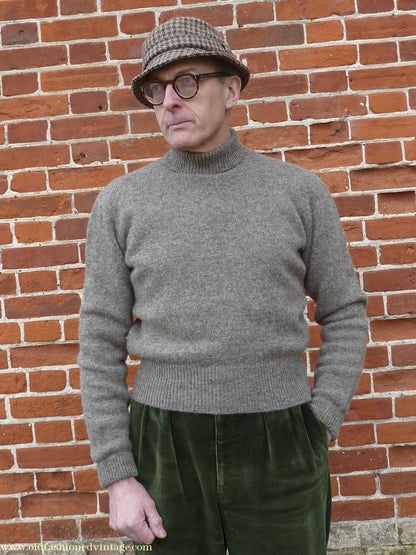 Old Fashioned Garments Vintage Reproduction 1940s Mens Polo Neck Jumper Stone Grey Brown Melange Roll Turtle Sweater M/L