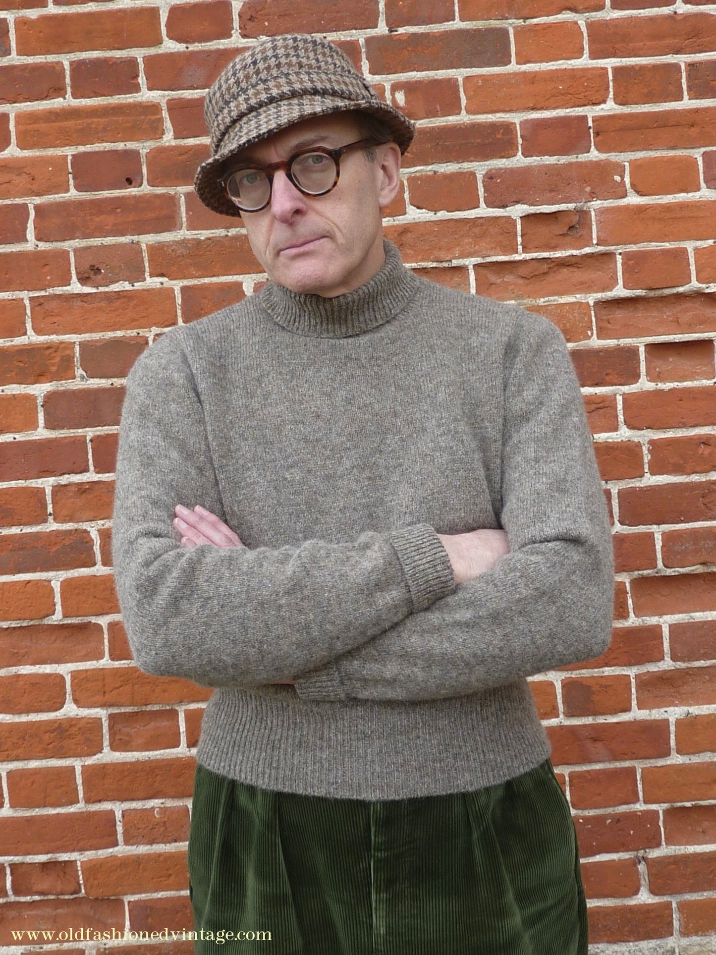 Old Fashioned Garments Vintage Reproduction 1940s Mens Polo Neck Jumper Stone Grey Brown Melange Roll Turtle Sweater M/L