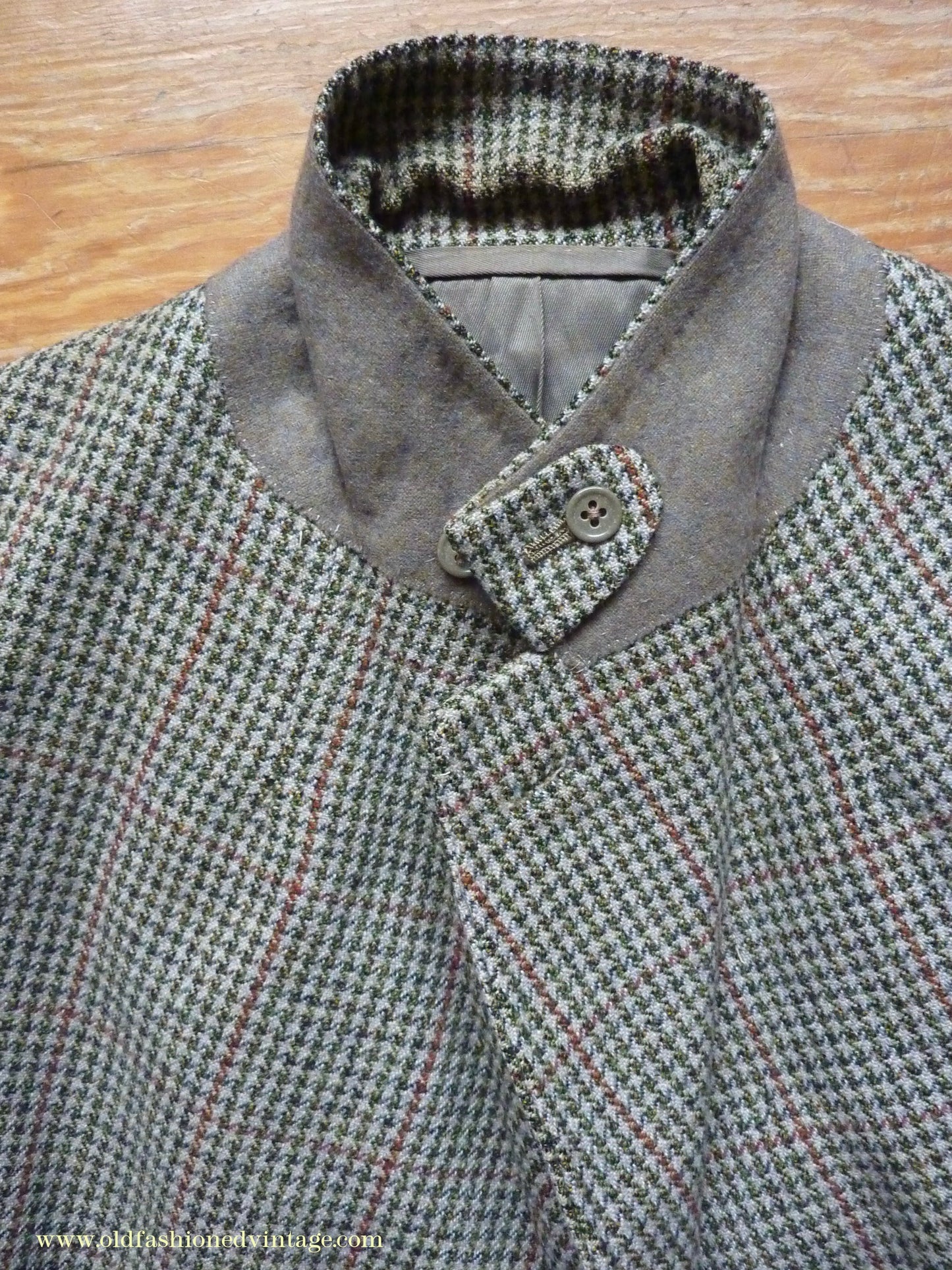 Vintage Mens 1950s Bespoke Tweed 3 Piece Suit Green Fawn Grey Houndstooth Wool Orange Windowpane 44"