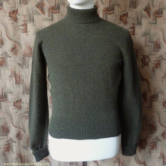 Old Fashioned Garments Vintage Reproduction 1940s Mens Polo Neck Jumper Loden Green Roll Turtle Sweater S