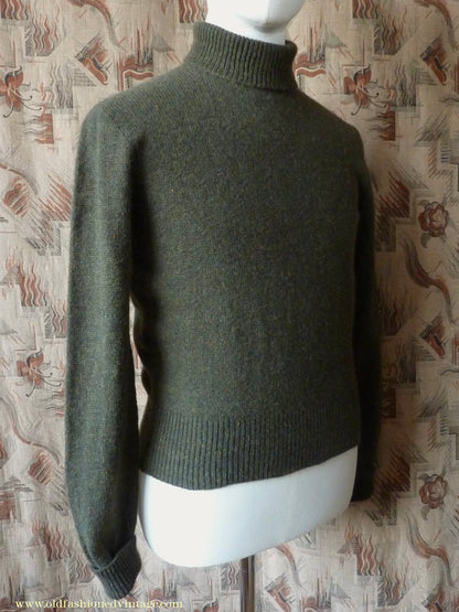 Old Fashioned Garments Vintage Reproduction 1940s Mens Polo Neck Jumper Loden Green Roll Turtle Sweater S
