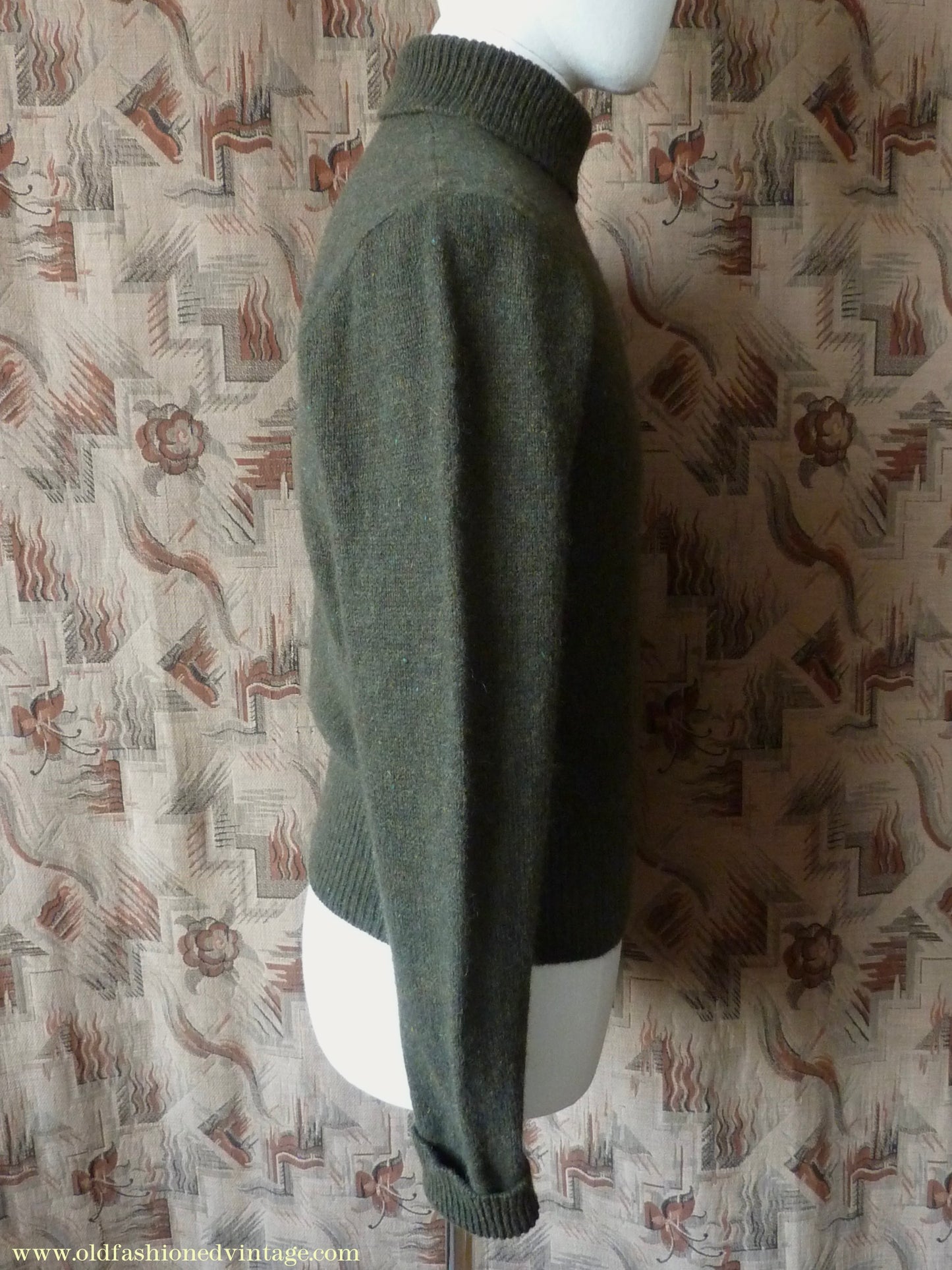 Old Fashioned Garments Vintage Reproduction 1940s Mens Polo Neck Jumper Loden Green Roll Turtle Sweater S