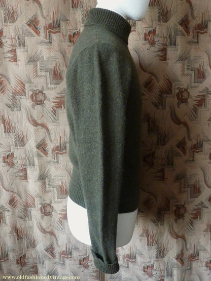Old Fashioned Garments Vintage Reproduction 1940s Mens Polo Neck Jumper Loden Green Roll Turtle Sweater S